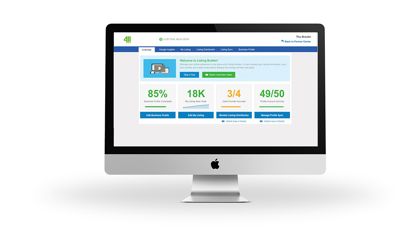 This is an image of the Online Presence Sync dashboard. It shows analytics about the performance of a business' listings online.